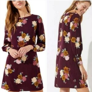 Ann Taylor LOFT Maroon Floral Long Sleeve Cuffed Shirt Dress